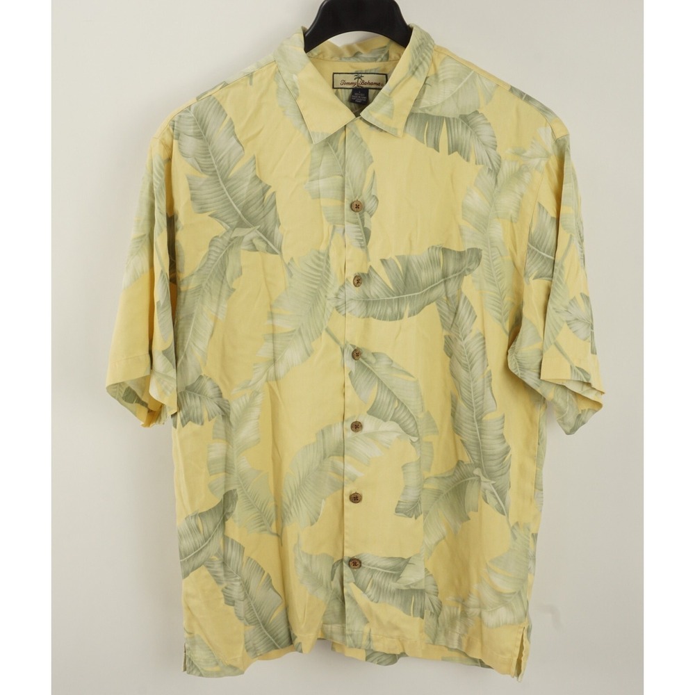 Tommy Bahama Men's Large Yellow Herringbone Silk Leaf Hawaiian Button Up Shirt